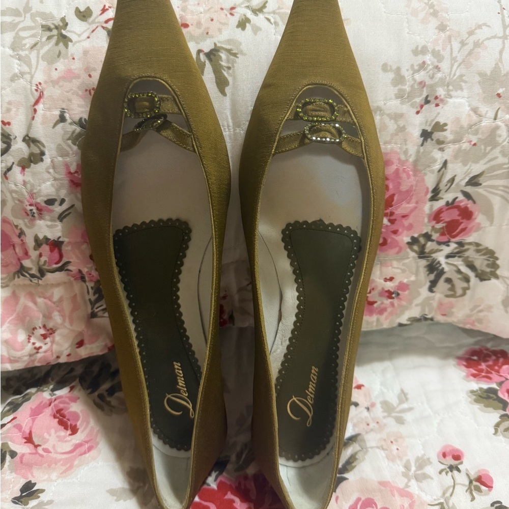 Delman Olive Green Pointed Toe Flats with Decorative Buckle